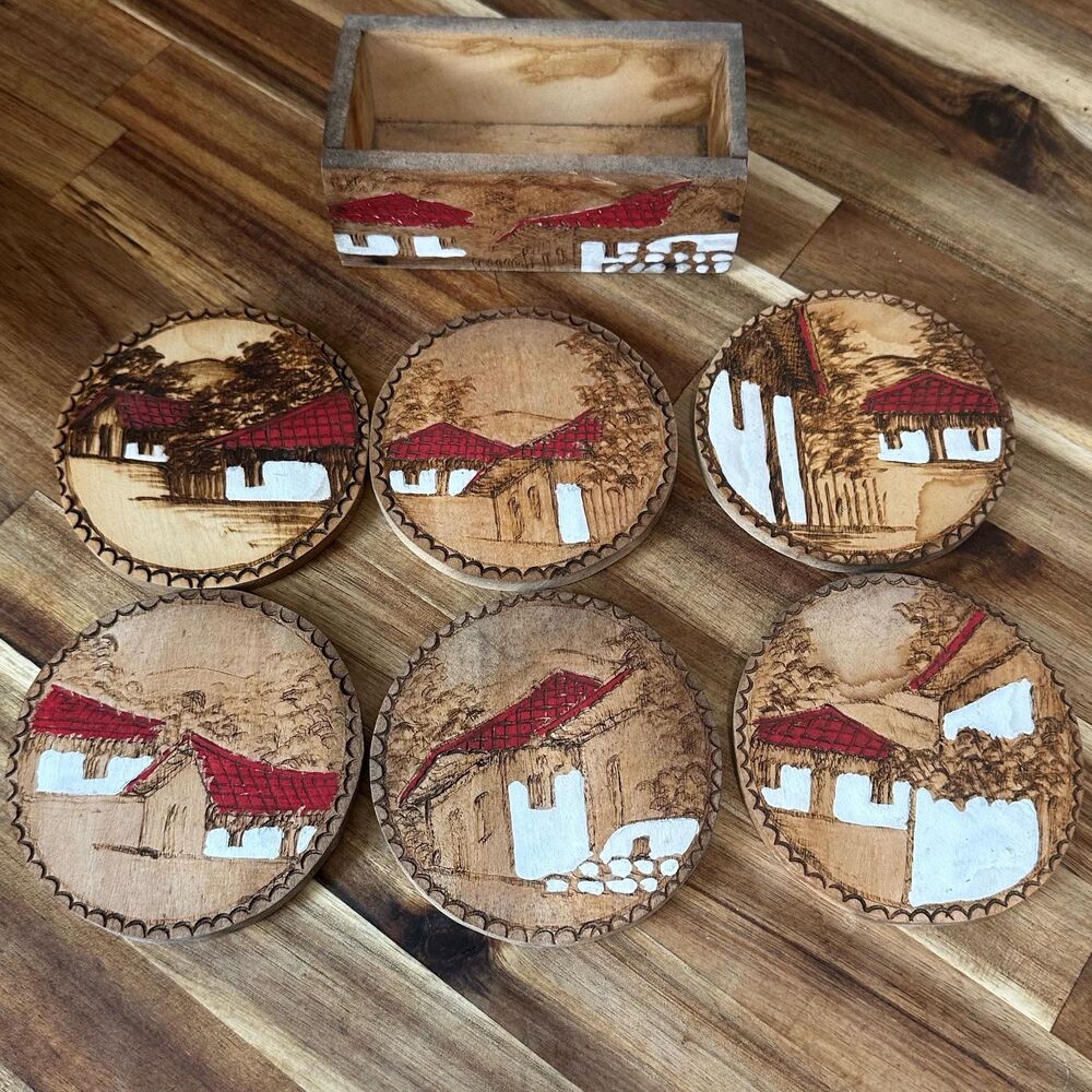 Set of 6 Vtg Handcrafted Wooden Coasters -Pyrography Designs of Tropical houses